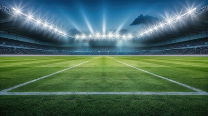 A green soccer field at night, illuminated by bright stadium lights, with the goal in the background