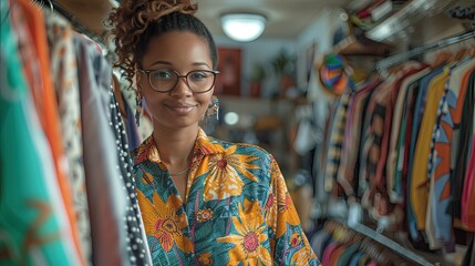 Obraz premium Young woman with curly hair smiling while browsing clothes in a colorful clothing store, surrounded by various garments..