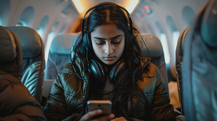 Indian girl using headphone in the plane