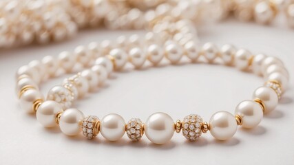 Obraz premium A luxurious pearl necklace with gold accents and sparkling gems beautifully arranged, laying on a soft white background.