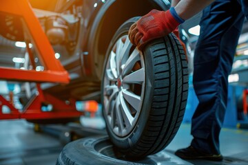 Fototapeta premium closeup of car tire being changed at auto repair shop mechanics hands visible working on wheel with garage interior and tools in background represents vehicle maintenance and road safety