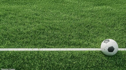 Obraz premium A soccer ball sits on a green grass field, with white lines marking the pitch and a goal visible in the distance