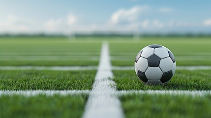 A soccer ball sits on a green grass field, with white lines marking the pitch and a goal visible in the distance