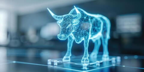 Obraz premium A futuristic holographic bull representing financial growth and strength in a modern digital environment.