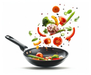 Flying vegetables culinary art concept with fresh ingredients and healthy cooking on white background