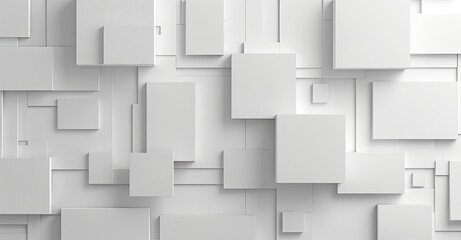 A minimalistic abstract background featuring a 3D geometric pattern of white squares and rectangles in varying sizes..