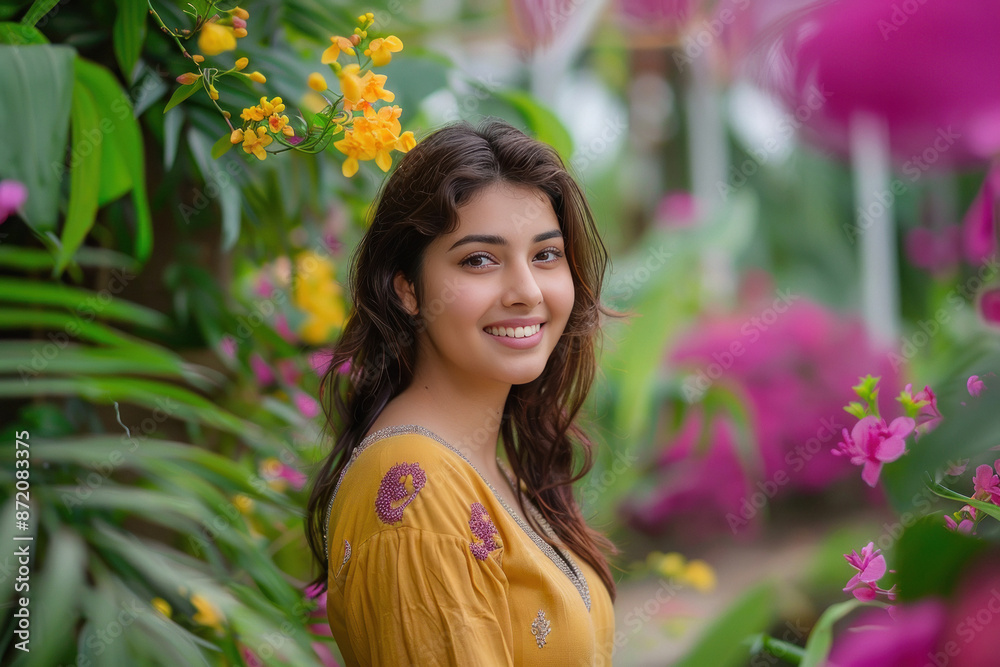 Wall mural young beautiful woman standing at flower garden.