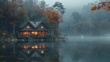 Fototapeta premium a wood cabin in a misty Norwegian forest