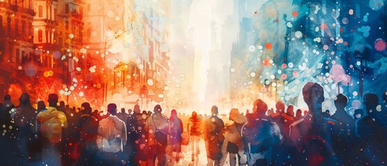 Vibrant Watercolor Illustration of Crowds Celebrating Bastille Day Parade with Joyful Atmosphere