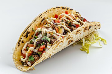Close-up of three beef tacos filled with ground meat, cilantro, tomatoes, and other fresh ingredients on a white background..