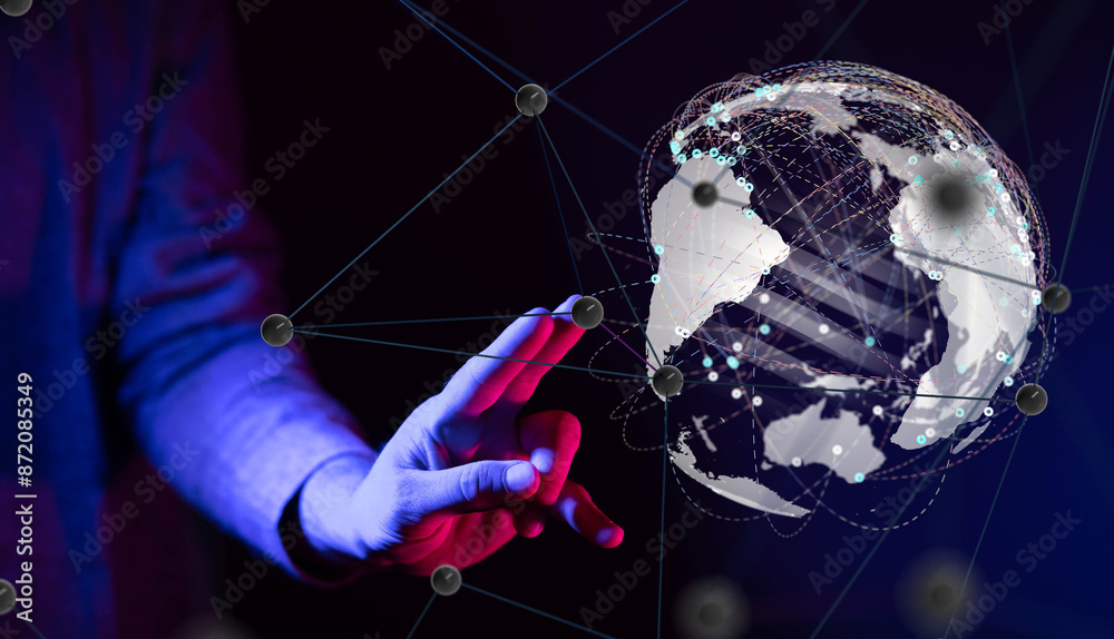 Poster world Global network. Blockchain. 3D illustration. Neural networks and artificial intelligence. Abstract