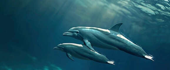 Obraz premium Bottlenose Dolphin (Tursiops Truncatus) Mother And Calf Swimming Together,High Resolution, Ultra HD