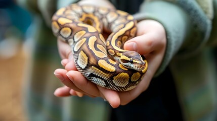 Fototapeta premium Petting a Ball Python: Hands gently holding and petting a ball python, with the snake coiled around a person's arm. 