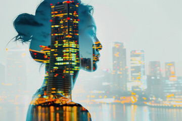 Obraz premium Artistic double exposure merging the silhouette of a woman with the modern skyline of a vibrant city