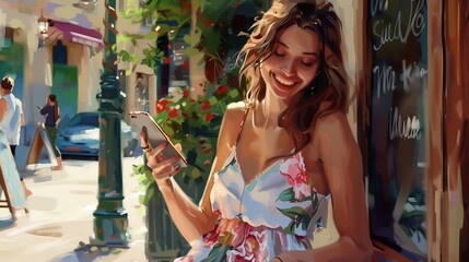 Fototapeta premium cheerful young woman in a floral summer dress, smiling brightly while using her phone at a street cafe