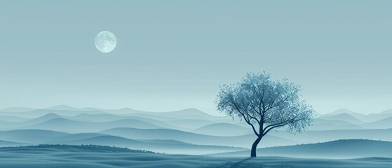 Serene Moonlit Minimalist Scene in Nature with Tree, Grass Field, and Starry Sky