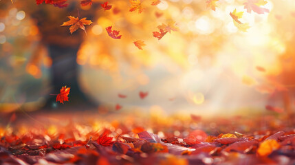 Beautiful orange and golden autumn leaves in a park with beautiful sunlight and bokeh lights. Natural autumn background.