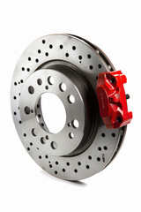 Automotive disc brake rotor with a red caliper