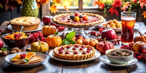 Fototapeta premium Festive autumn feast with a variety of pies, pumpkins, and seasonal fruits, creating a cozy and celebratory atmosphere.