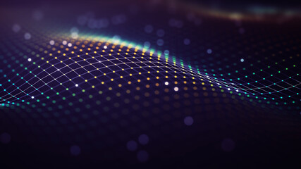 Abstract gradient particle waves continuously flowing with connected dots and lines. Orange and blue digital waves technology background Engineering, Science and Artificial Intelligence.