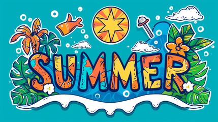 Fototapeta premium Vintage word Summer illustration with vacation attributes, water, sand and palms