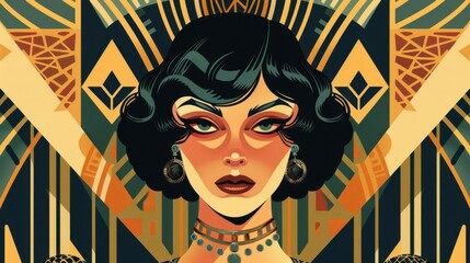 elegant art deco inspired portrait of flapper girl with geometric shapes and gold accents vintage vector art
