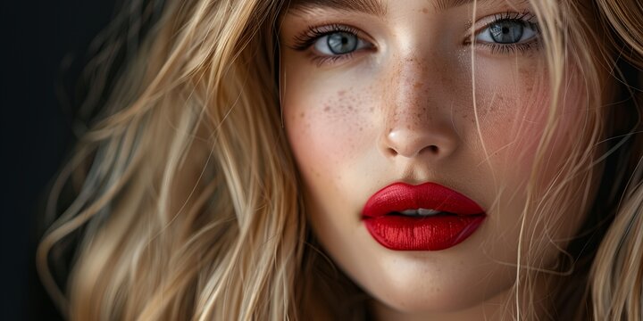 A woman with red lipstick and blue eyes. She has a lot of hair and a very pretty face
