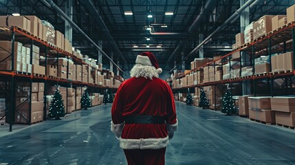 Santa Claus in Warehouse Preparing for Christmas Delivery Season