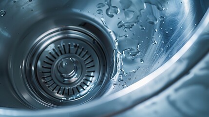 Water drips into the gleaming corner of a stainless steel sink, captured in a close-up view.