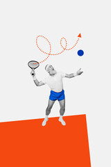 Vertical photo collage of happy old man tennis player push ball rocket arrow direction sporty lifestyle game isolated on painted background
