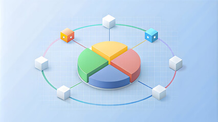 A 3D illustration of a pie chart connected to colorful cubes via lines on a light blue grid background, representing data segmentation and analysis.
