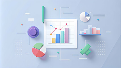 Modern infographic design with 3D charts and graphs on a soft blue background, representing data visualization and statistical analysis.