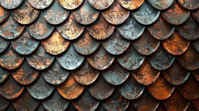A seamless texture showcasing a pattern of bronze dragon scales in rich copper and verdigris hues.