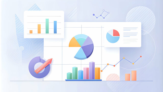 A clean and modern infographic design displaying various types of charts and graphs in soft colors, representing data analysis and statistics.