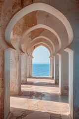 Fototapeta premium A long, narrow hallway with white pillars and a blue sky in the background. The hallway is empty and the only person visible is a shadow on the wall