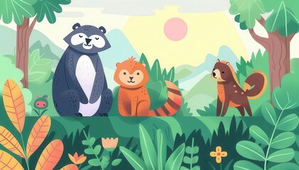 Naklejka premium Animals in nature, exploration journey, flat design illustration