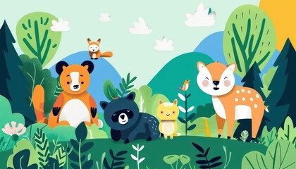 Fototapeta premium Animals in nature, exploration journey, flat design illustration