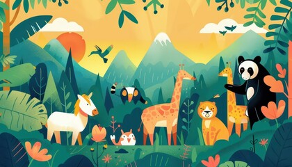 Animals in nature, exploration journey, flat design illustration