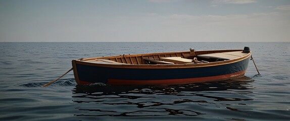 classic wooden boat facing the camera, minimalist, deadpan, banal, cool, clinical, urban, iconic, conceptual, subversive, sparse, restrained, symbol