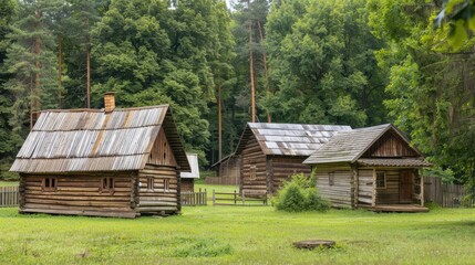 Obraz premium A group of wooden cabins nestled in a valley surrounded by lush green trees and mountains. The sky is blue with white puffy clouds