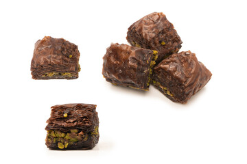 Turkish chocolate baklava isolated on white background.
