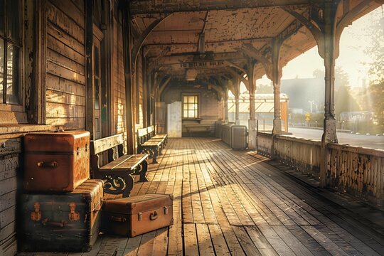Sunlit vintage train station with wooden benches and old luggage, evoking nostalgia and the charm of a bygone era.