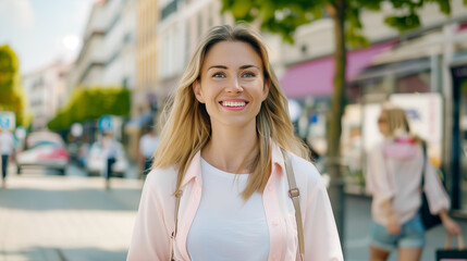 Obraz premium A stylish blonde woman walking down the street. She is smiling and enjoying her day