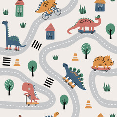 Dinosaurs in the cite with road map seamless pattern. Cute cartoon dino on a skateboard, bike, rollers, scooter in flat style.