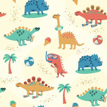 Dinosaurs on the beach seamless pattern. Cute cartoon dino with lifebuoy, surfboard, fins, palm, ice cream, and lemonade in flat style.
