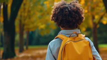 Fototapeta premium Autumn Walk: School Boy and School Bus