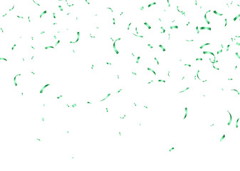 Green confetti, falling paper ribbons isolated on white background. Birthday party decoration. Vector illustration.