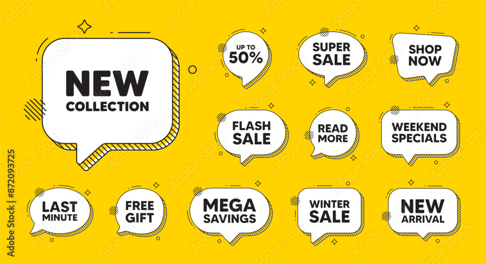 Poster Offer speech bubble icons. New collection tag. New fashion arrival sign. Advertising offer symbol. New collection chat offer. Speech bubble discount banner. Text box balloon. Vector