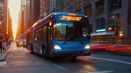 Sunset Drive: Blue City Bus in Urban Landscape