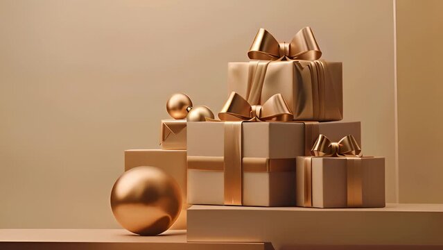 A stack of gift boxes with gold ribbon bows and ornaments on a beige surface.